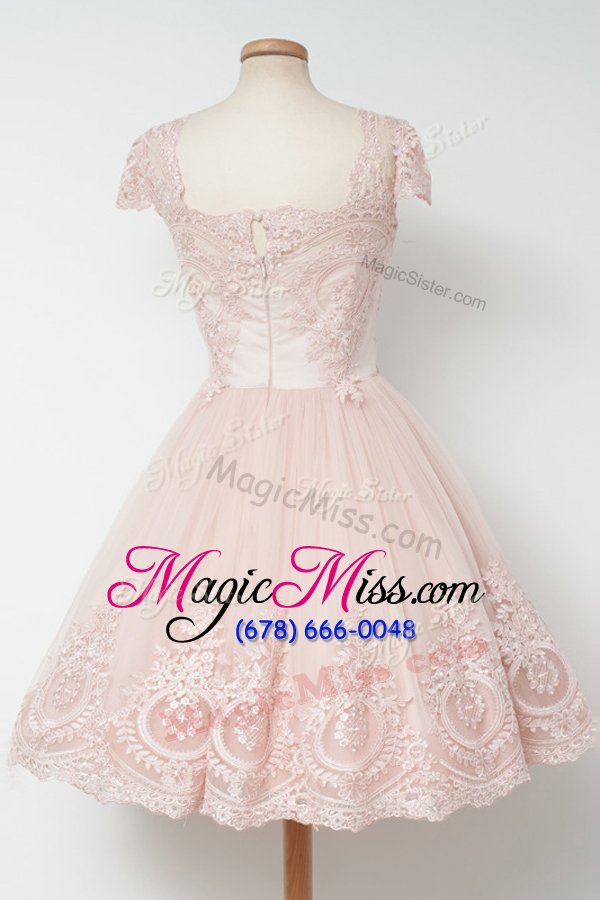 wholesale cute a-line prom evening gown baby pink square tulle cap sleeves tea length zipper