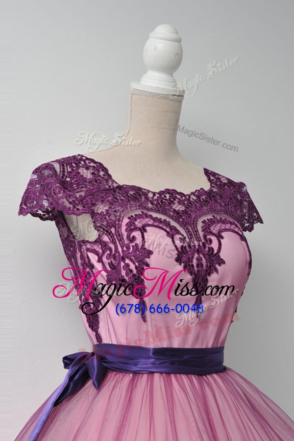 wholesale beauteous purple ball gowns square cap sleeves tulle mini length zipper belt prom dress