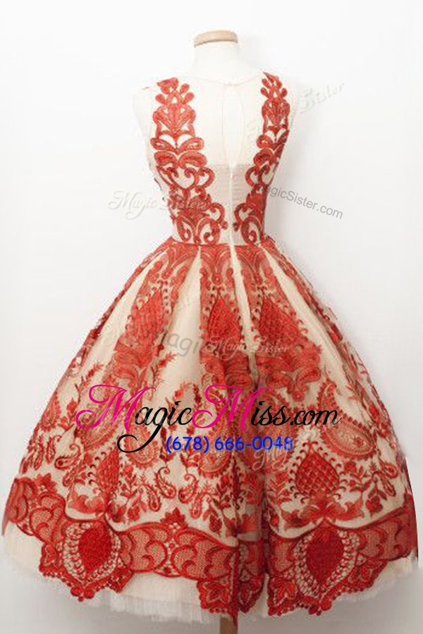 wholesale free and easy red a-line square sleeveless tulle tea length zipper lace prom dresses