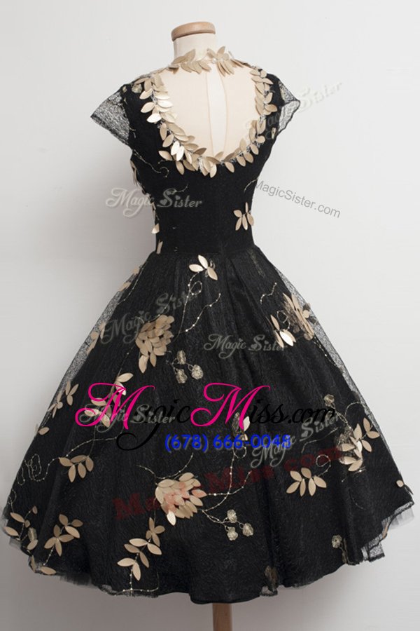 wholesale sexy scalloped tea length ball gowns cap sleeves black prom dresses zipper