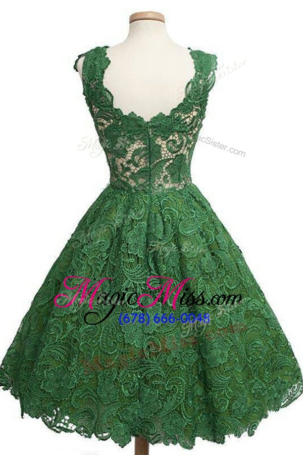wholesale sweet scoop sleeveless lace knee length zipper prom party dress in dark green for with appliques