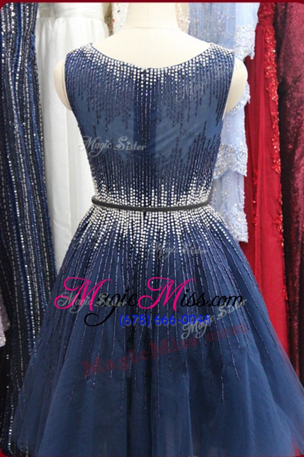 wholesale fabulous scoop navy blue zipper prom dresses beading sleeveless knee length