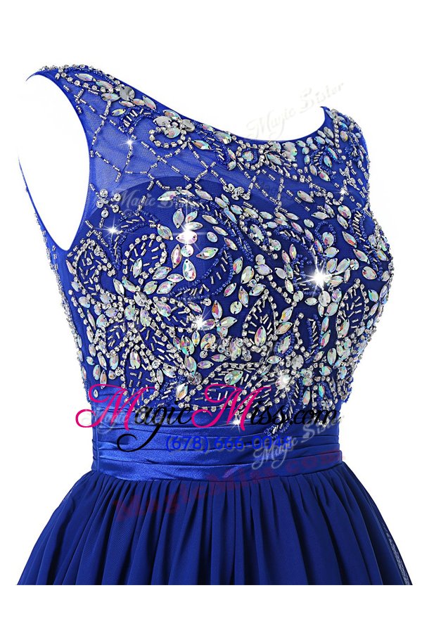 wholesale sophisticated royal blue and purple a-line chiffon scoop sleeveless beading and sashes|ribbons knee length zipper prom party dress