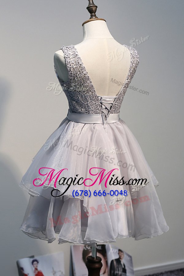 wholesale scoop knee length grey prom dress organza and lace sleeveless beading