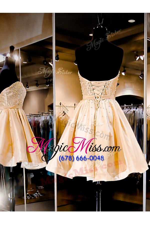 wholesale champagne a-line satin sweetheart sleeveless beading knee length lace up prom evening gown