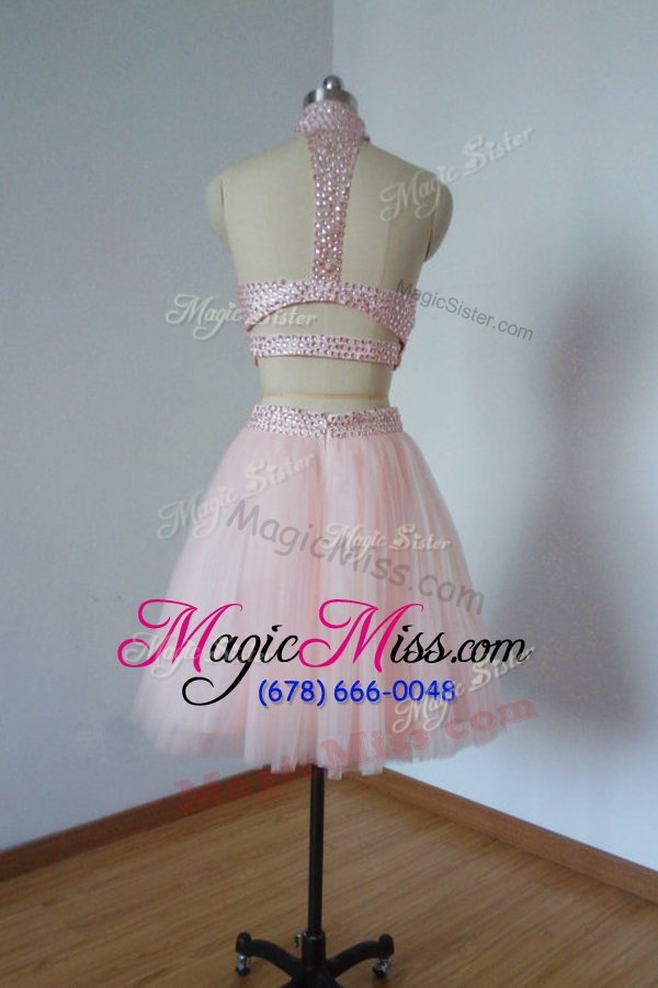 wholesale pretty knee length baby pink prom evening gown organza sleeveless beading