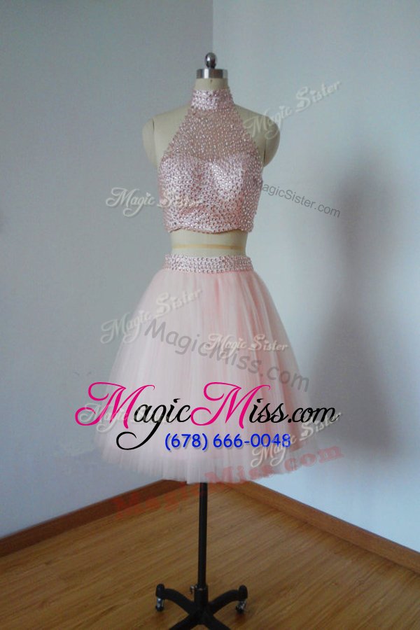 wholesale pretty knee length baby pink prom evening gown organza sleeveless beading