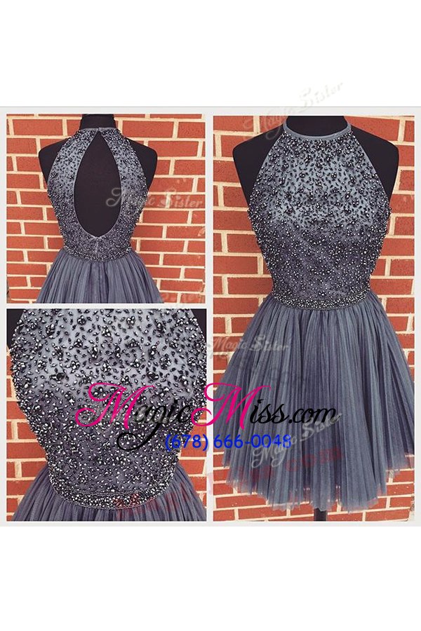 wholesale smart purple sleeveless beading and ruching knee length prom evening gown