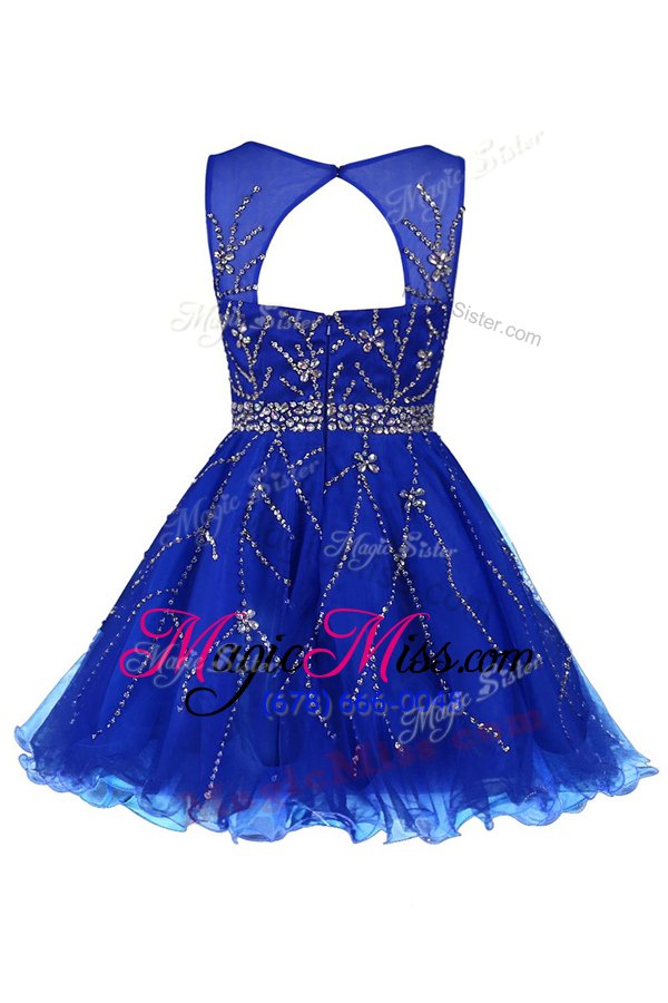 wholesale suitable sleeveless tulle knee length zipper prom gown in royal blue for with beading