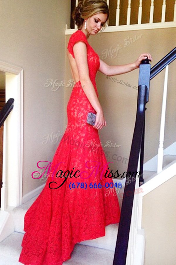 wholesale noble mermaid red v-neck backless lace military ball dresses for women sweep train short sleeves