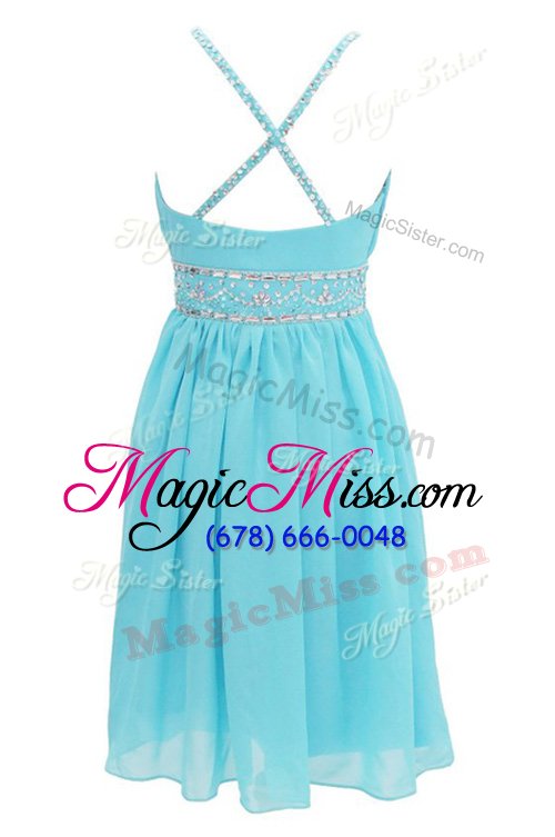 wholesale fine halter top sleeveless chiffon knee length criss cross dress for prom in blue for with beading