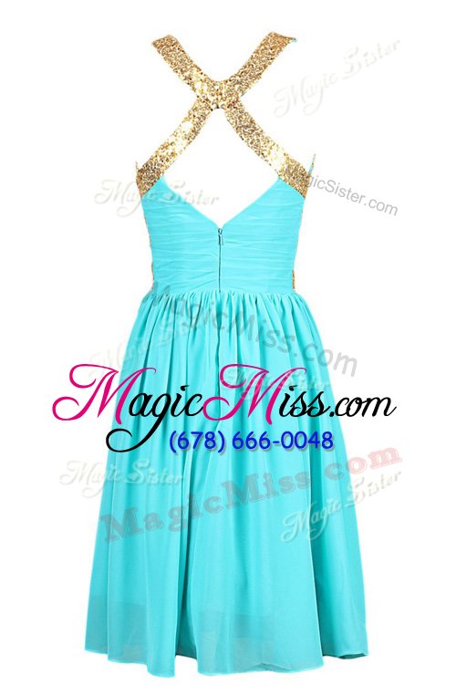 wholesale romantic black and blue chiffon criss cross prom party dress sleeveless knee length sequins