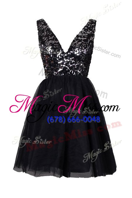 wholesale customized black a-line tulle v-neck sleeveless sequins knee length backless prom dress
