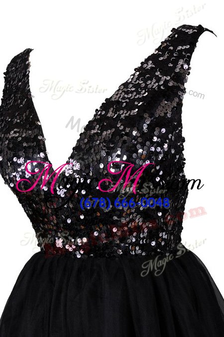 wholesale customized black a-line tulle v-neck sleeveless sequins knee length backless prom dress