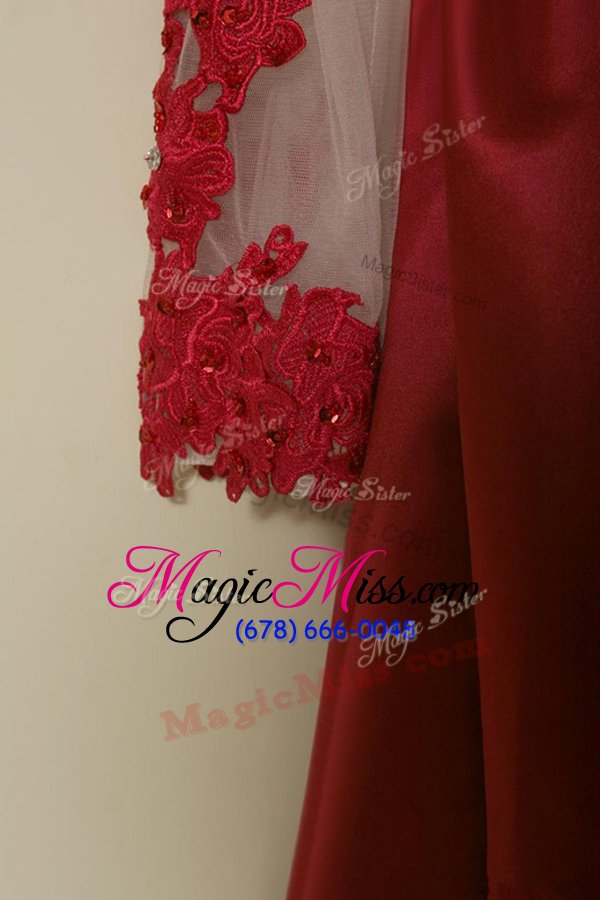 wholesale custom design red a-line satin scoop long sleeves appliques knee length zipper mother of the bride dress