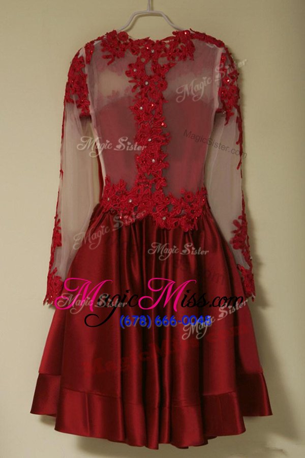 wholesale custom design red a-line satin scoop long sleeves appliques knee length zipper mother of the bride dress