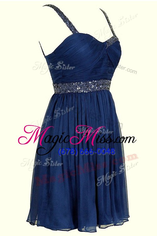 wholesale straps sleeveless prom party dress knee length sequins navy blue chiffon