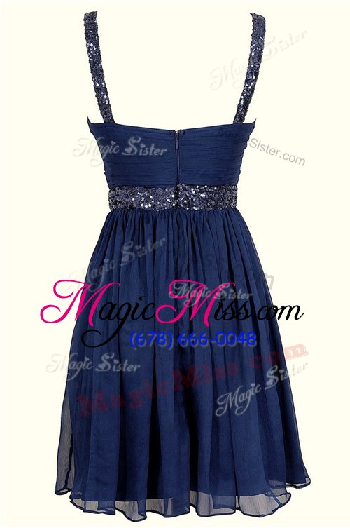 wholesale straps sleeveless prom party dress knee length sequins navy blue chiffon