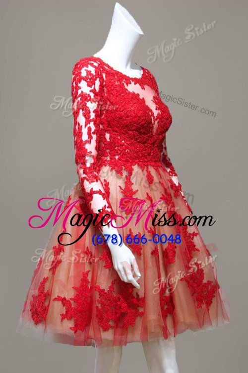 wholesale modest scoop lace red long sleeves appliques knee length prom party dress