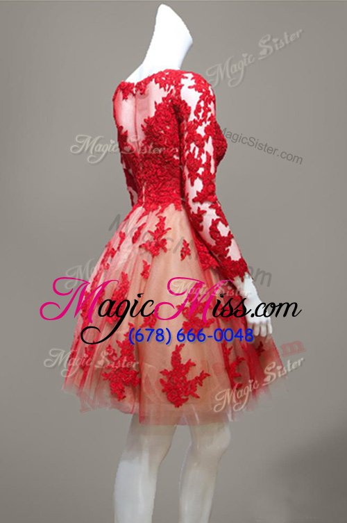 wholesale modest scoop lace red long sleeves appliques knee length prom party dress