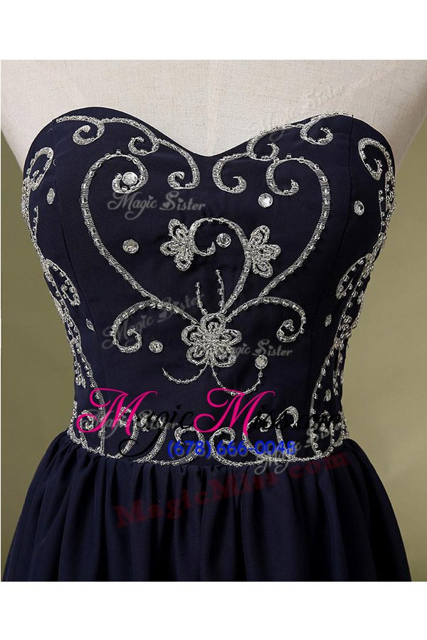 wholesale low price navy blue zipper sweetheart embroidery prom dress chiffon sleeveless