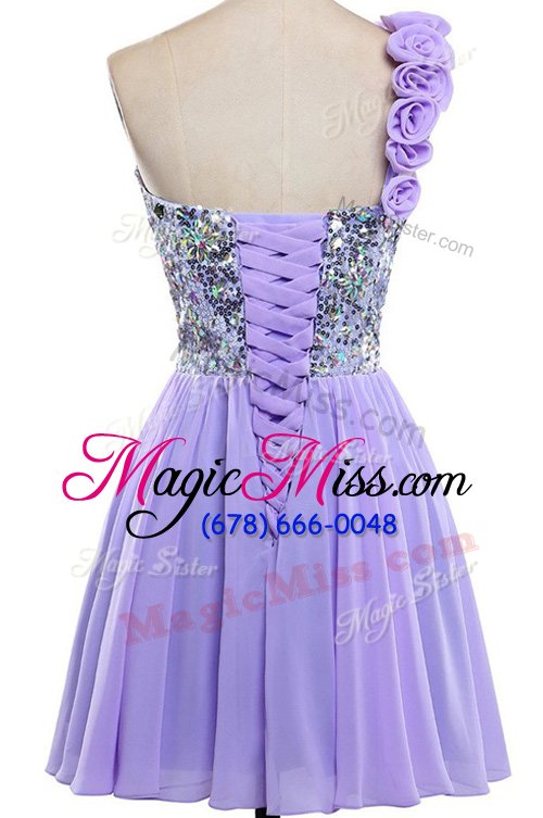 wholesale new arrival sequins a-line prom evening gown green and purple one shoulder chiffon sleeveless mini length lace up
