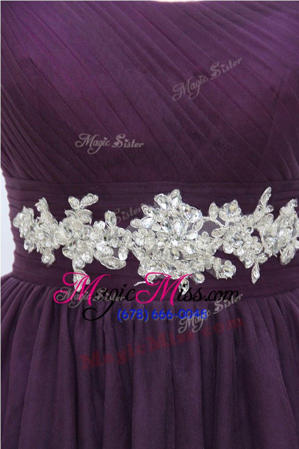 wholesale designer one shoulder sleeveless knee length beading black and purple tulle
