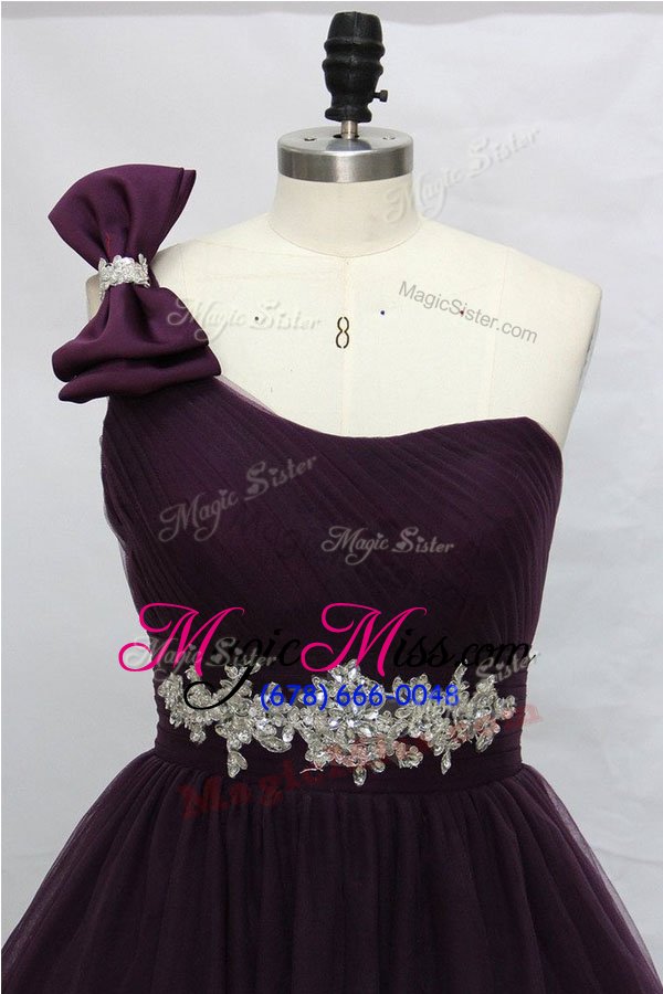 wholesale designer one shoulder sleeveless knee length beading black and purple tulle