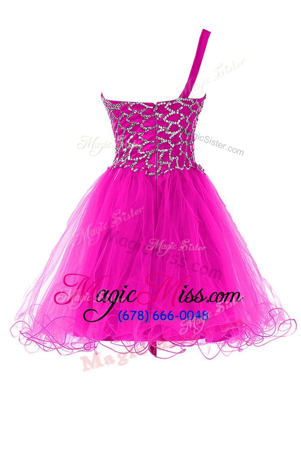 wholesale sexy one shoulder hot pink sleeveless organza zipper prom dresses for prom and party