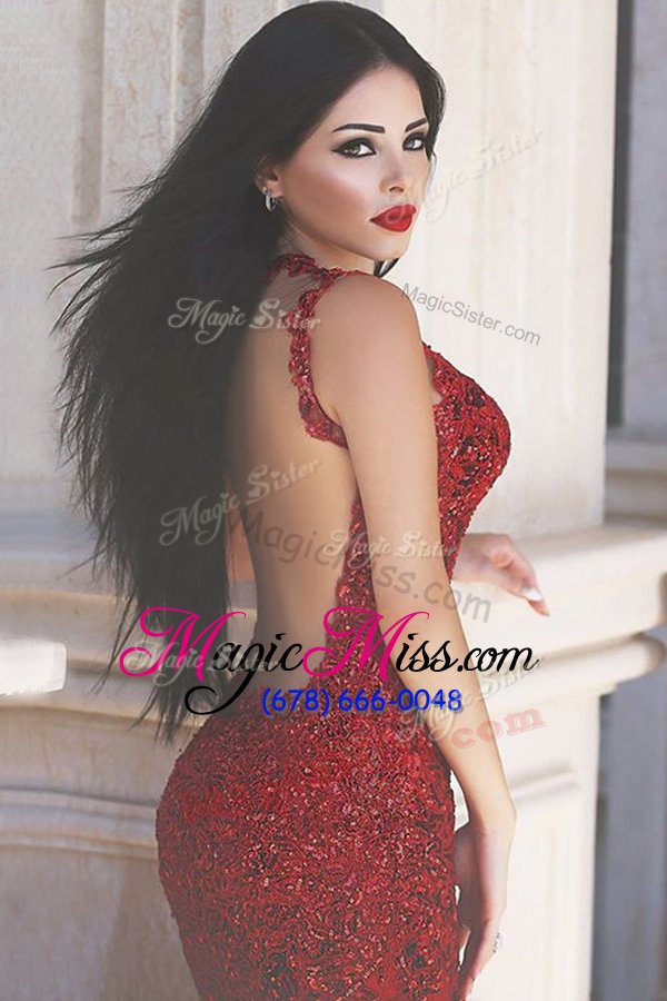 wholesale high quality mermaid red backless spaghetti straps appliques and sequins dress for prom tulle sleeveless sweep train