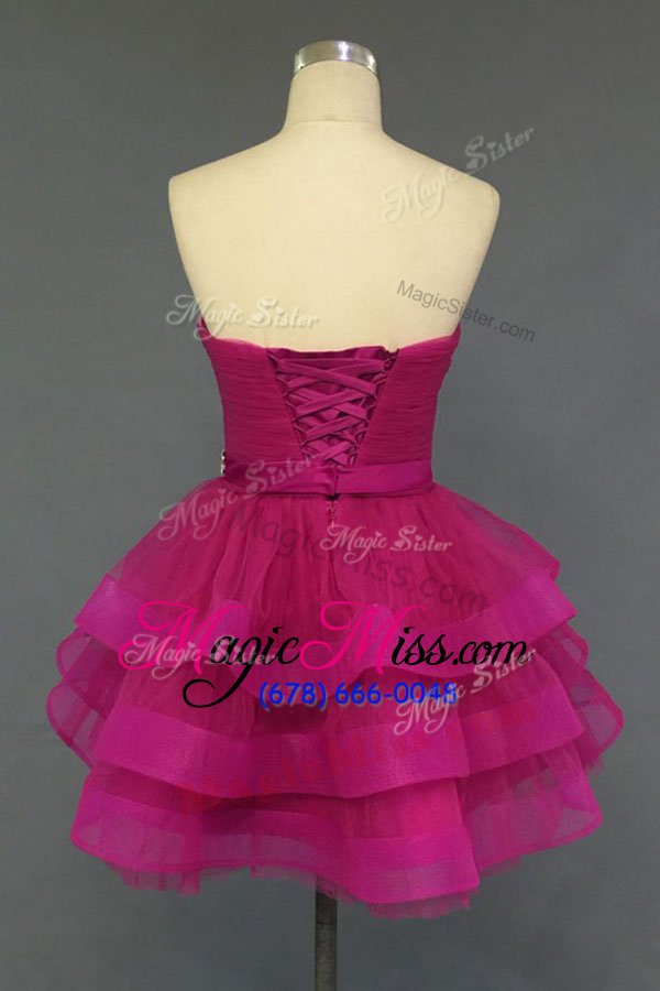 wholesale customized hot pink lace up homecoming dress beading and ruffled layers sleeveless knee length