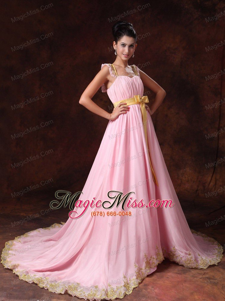 wholesale pink court train bowknot chiffon a-line celebrity prom gowns for 2013 custom made