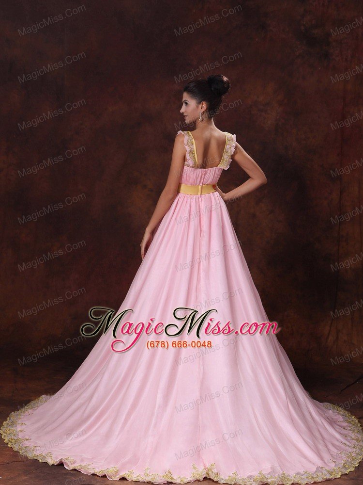 wholesale pink court train bowknot chiffon a-line celebrity prom gowns for 2013 custom made