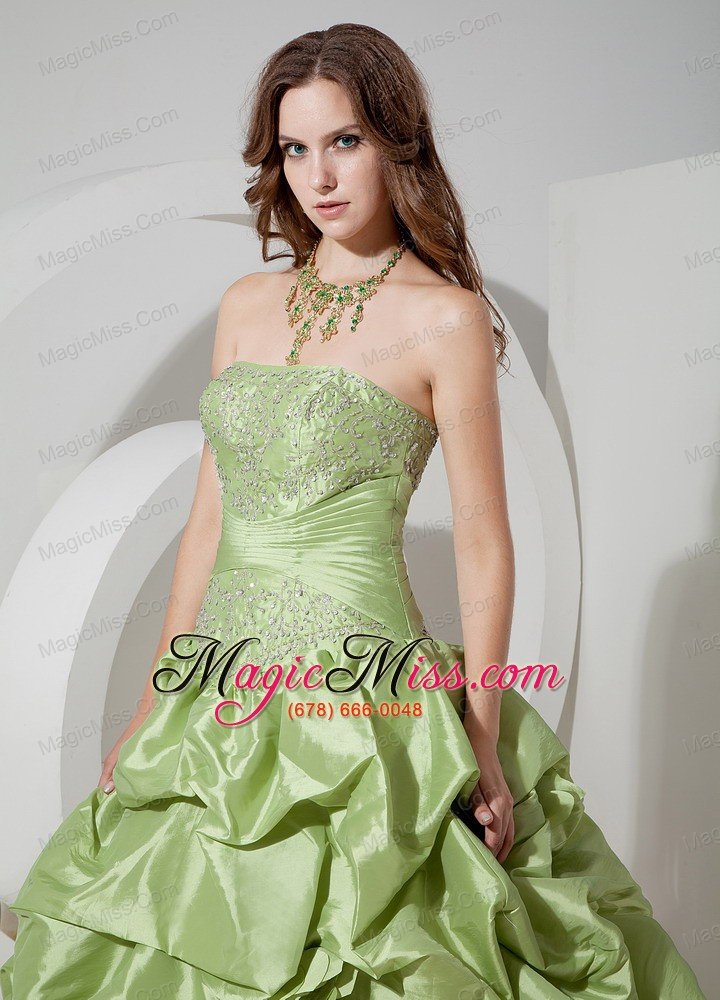 wholesale yellow green a-line strapless floor-length taffeta appliques prom dress