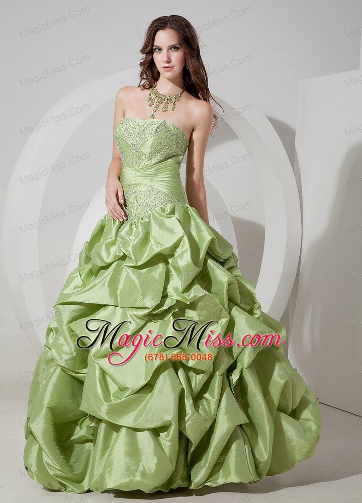 wholesale yellow green a-line strapless floor-length taffeta appliques prom dress