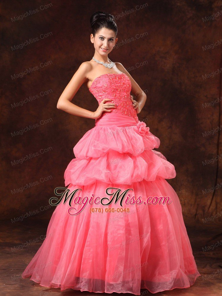 wholesale watermelon hand made flowers and appliques a-line strapless organza 2013 new arrival prom gowns for custom made