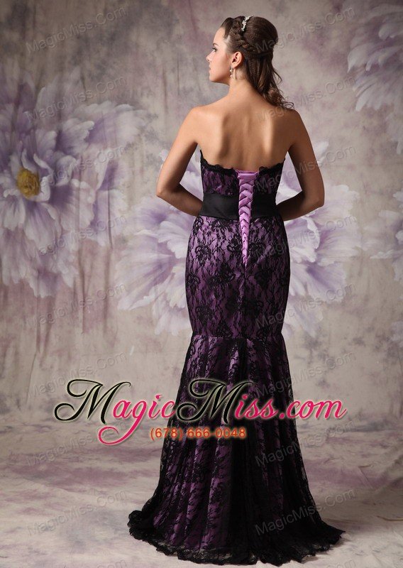 wholesale purple and black mermaid strapless brush train lace sashes prom / evening dress