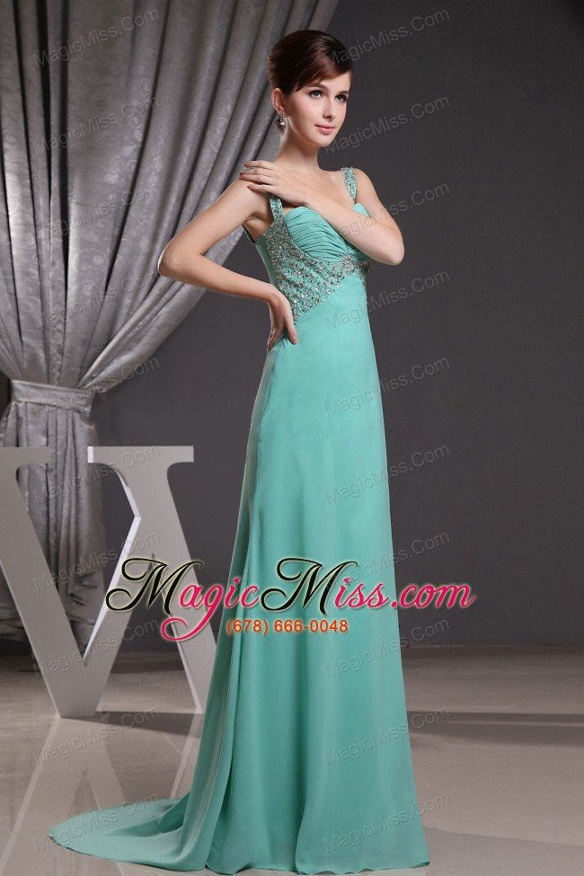 wholesale straps prom dress with beadng ruch brush train and turquoise