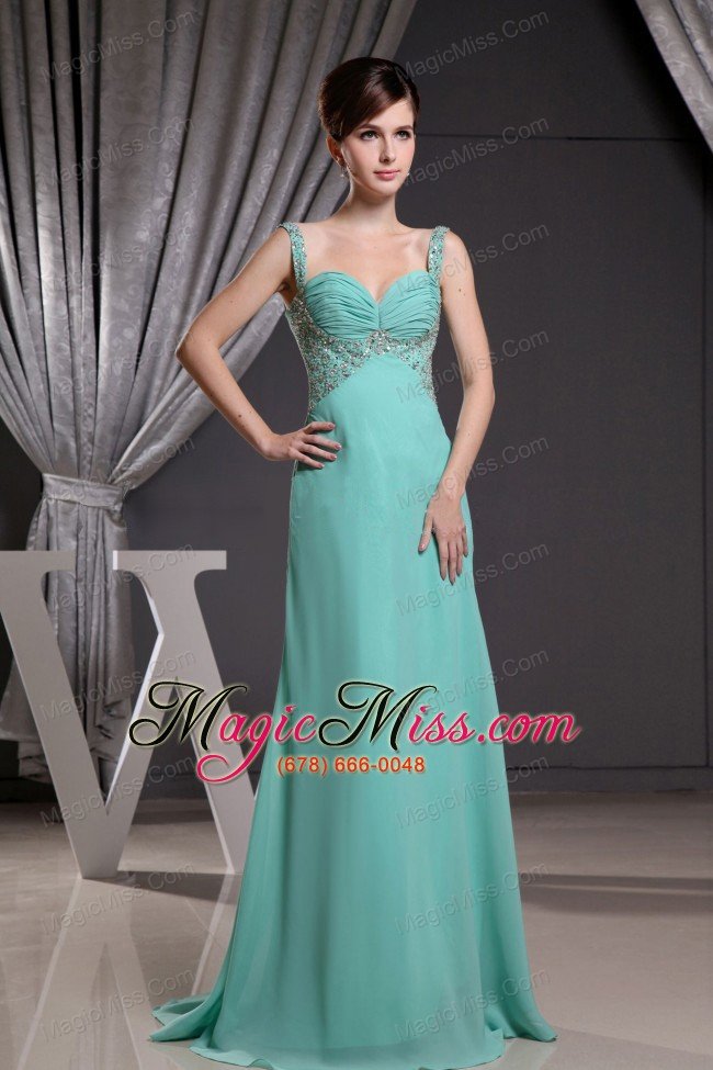 wholesale straps prom dress with beadng ruch brush train and turquoise