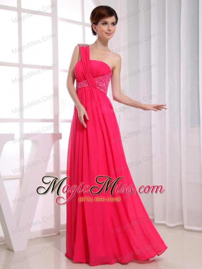 wholesale beading one shoulder chiffon hot pink empire floor-length prom dress