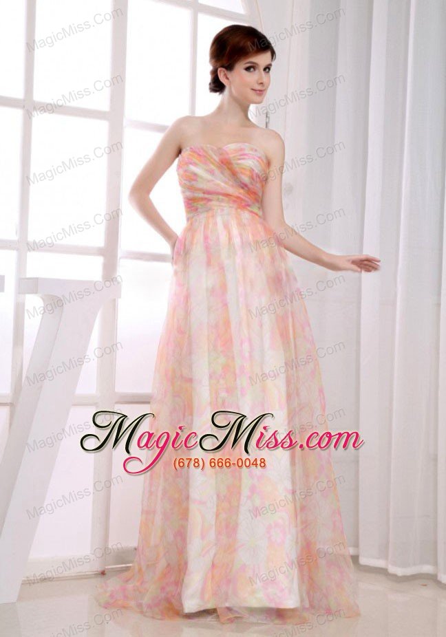 wholesale print and organza strapless floor-length a-line multi-color prom dress
