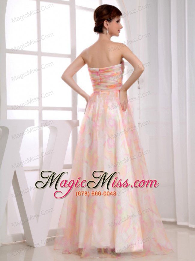 wholesale print and organza strapless floor-length a-line multi-color prom dress