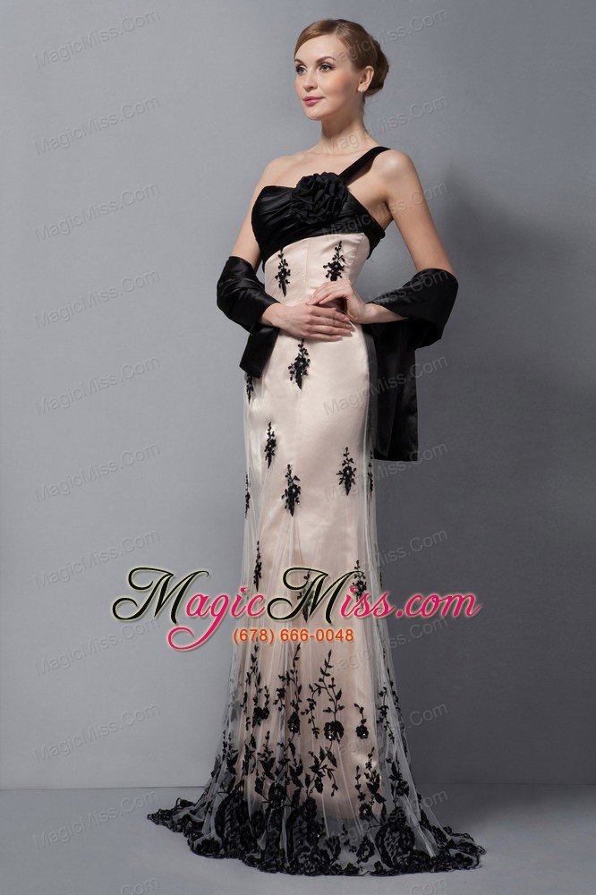 wholesale champagne column one shoulder brush train tulle lace and hand made flower mother of the bride dress