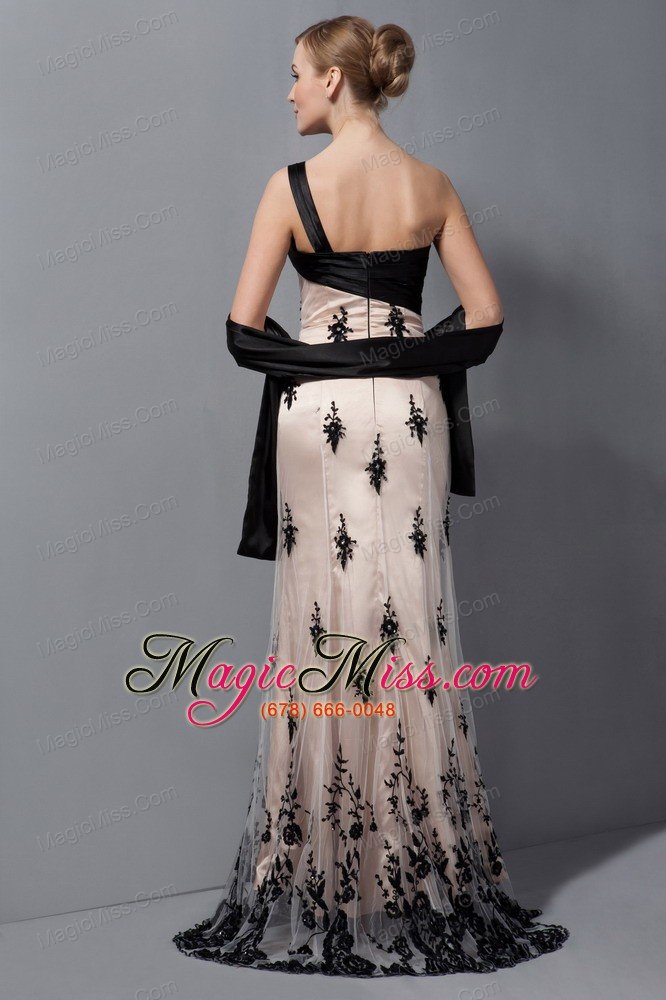 wholesale champagne column one shoulder brush train tulle lace and hand made flower mother of the bride dress