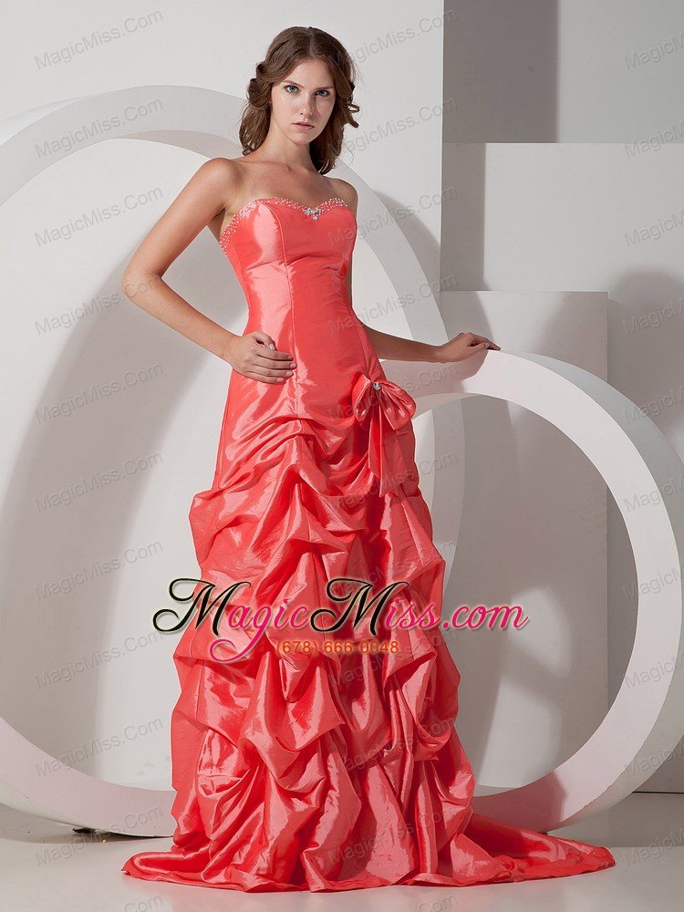 wholesale orange red a-line sweetheart brush train taffeta bowknot prom dress