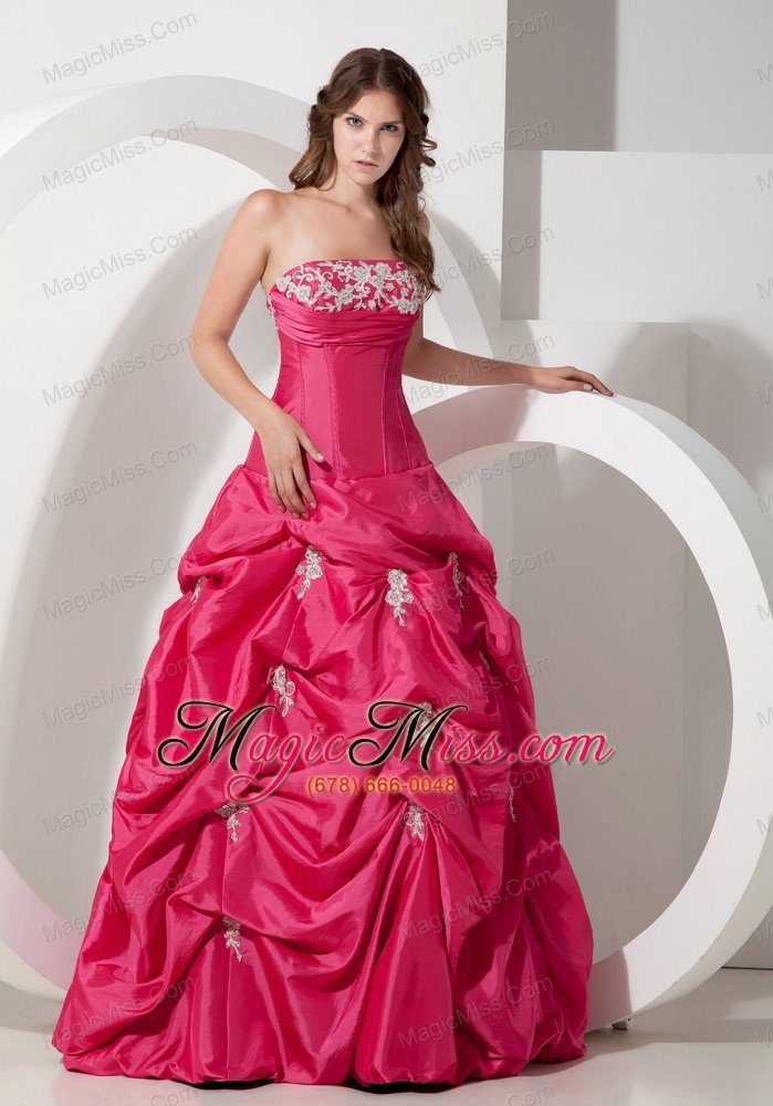 wholesale hot pink a-line strapless floor-length taffeta appliques quinceanera dress