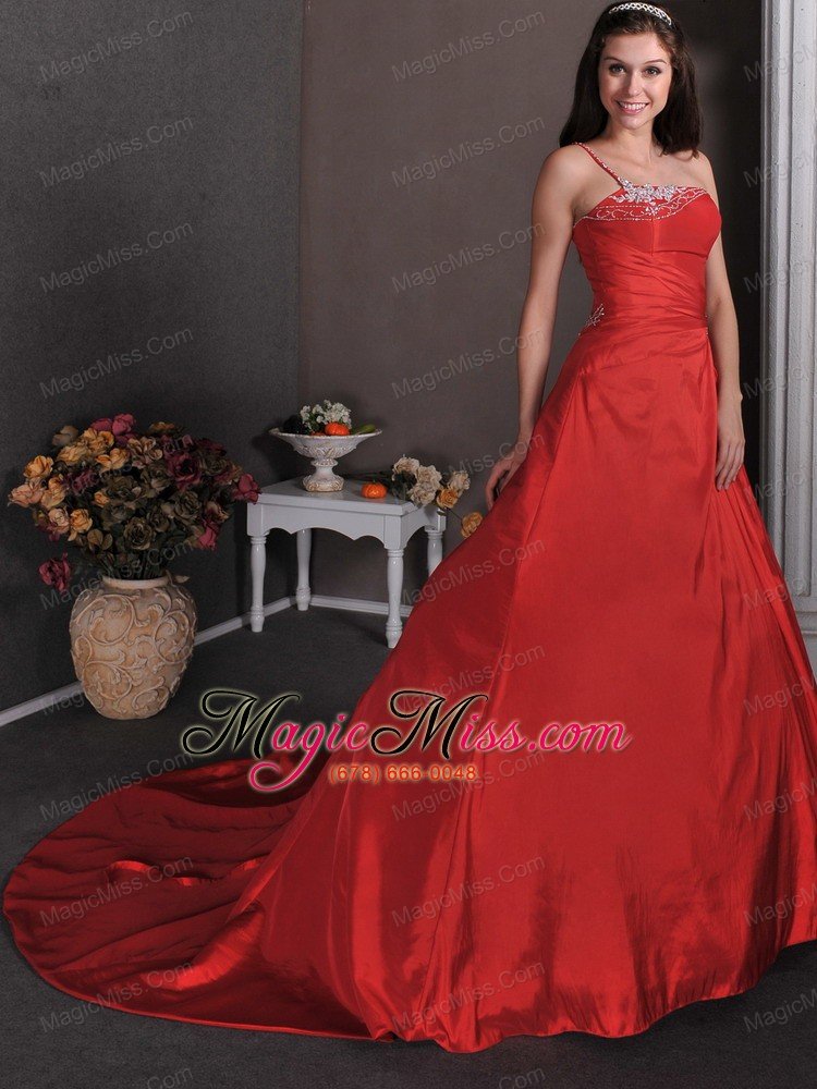 wholesale red a-line one shoulder court train taffeta appliques prom dress