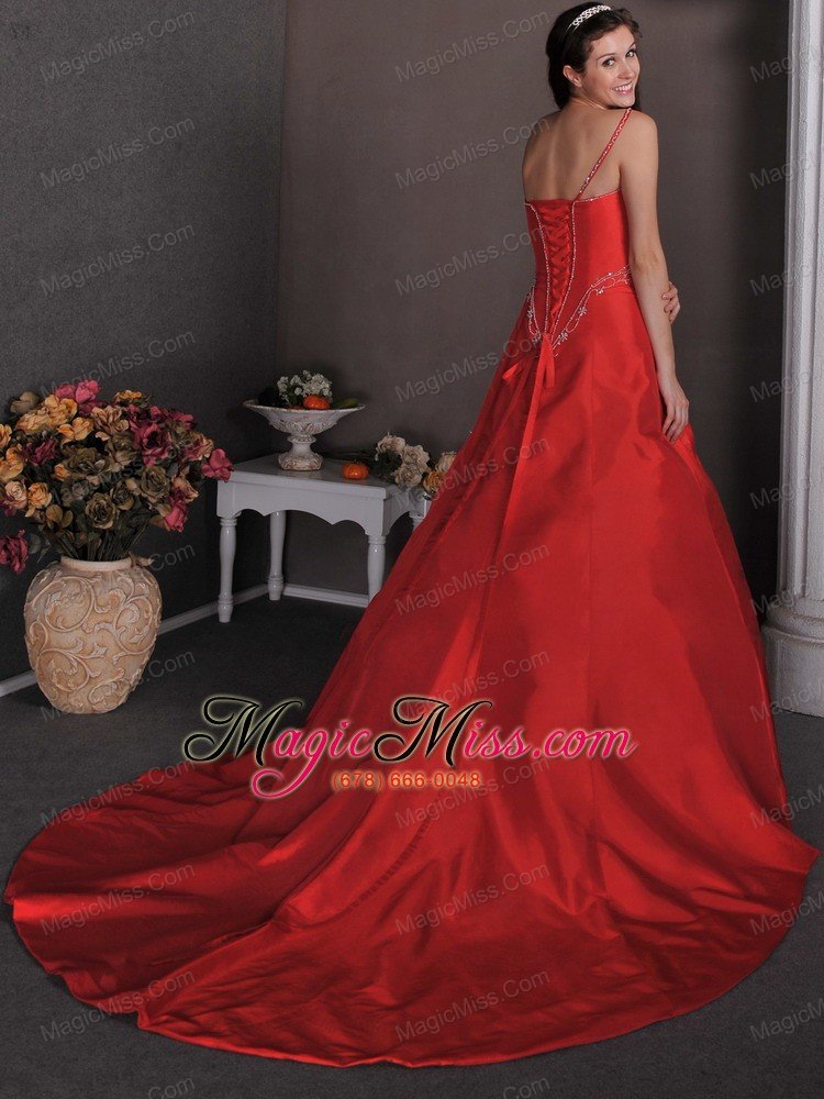 wholesale red a-line one shoulder court train taffeta appliques prom dress