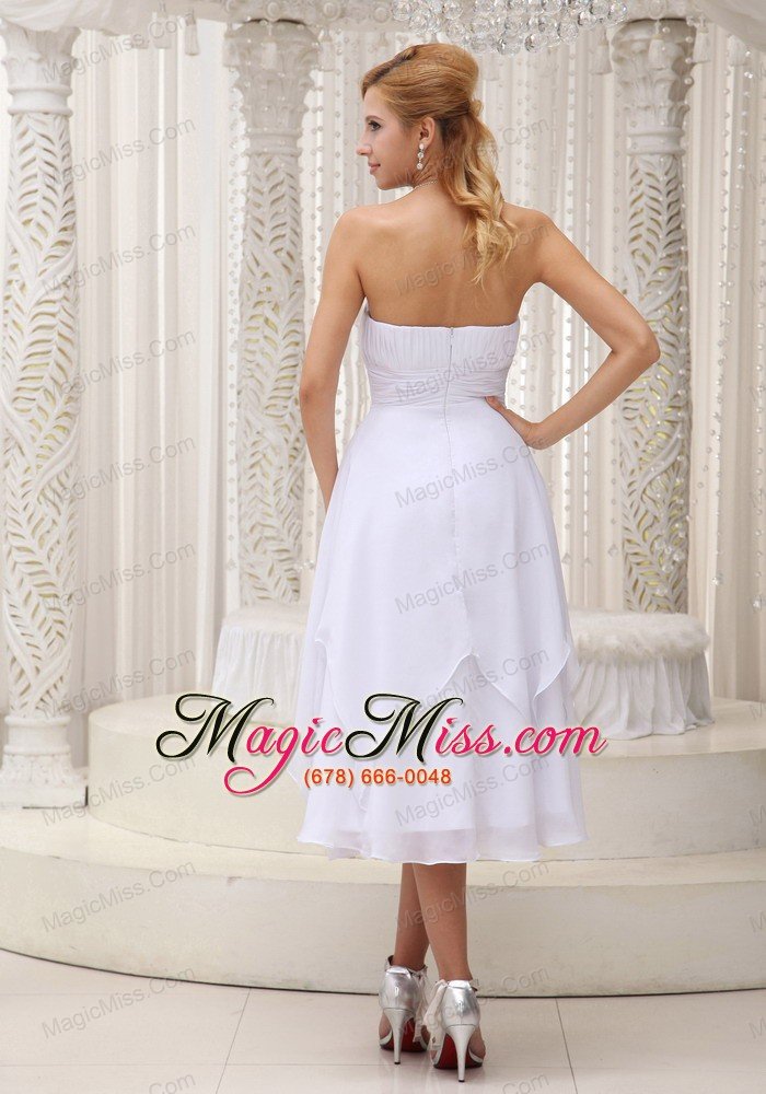 wholesale simple white wedding dress for 2013 custom made ruched bodice tea-length