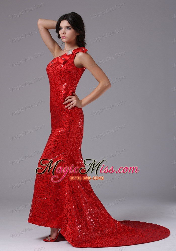 wholesale red one shoulder and paillette over skirt in arcadia california for evening dress brush train